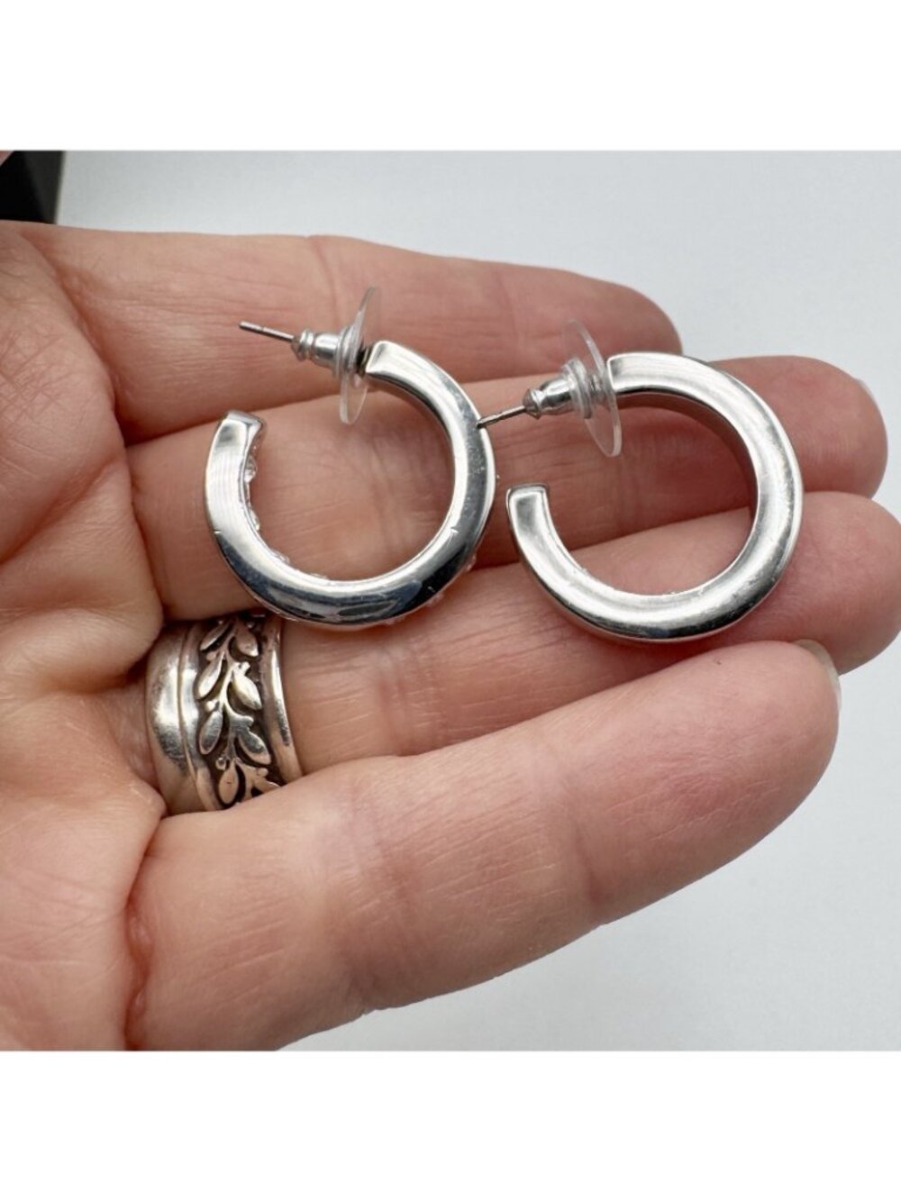Channel Set Crystal Hoop Earrings Pierced Silver Tone Rhinestone Rhodium Plated - Picture 7 of 9